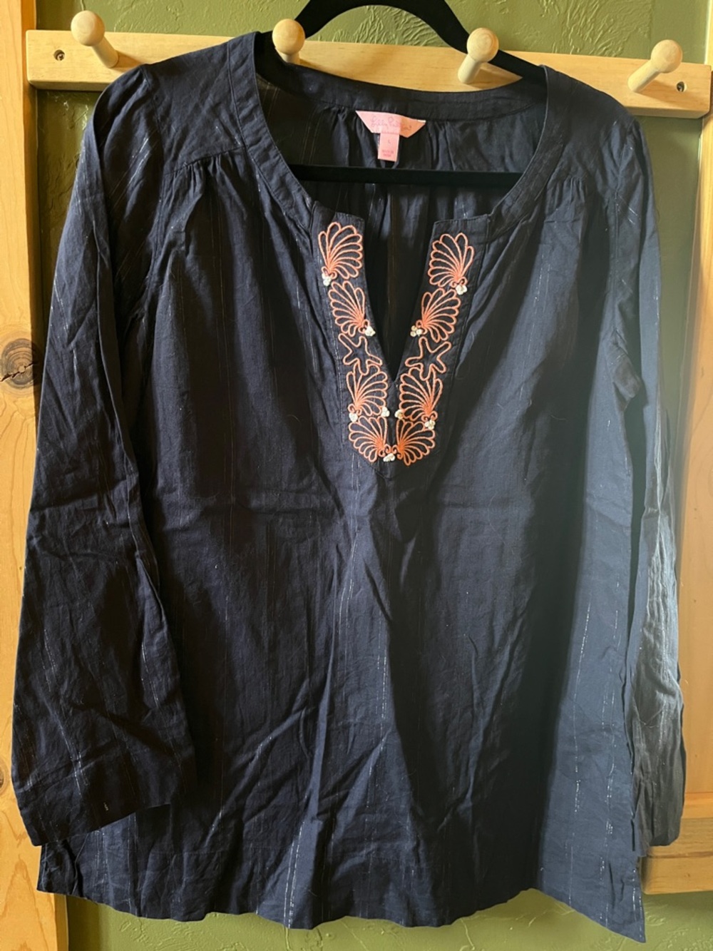 Lilly Pulitzer Navy Tunic with Coral Embroidery  Large